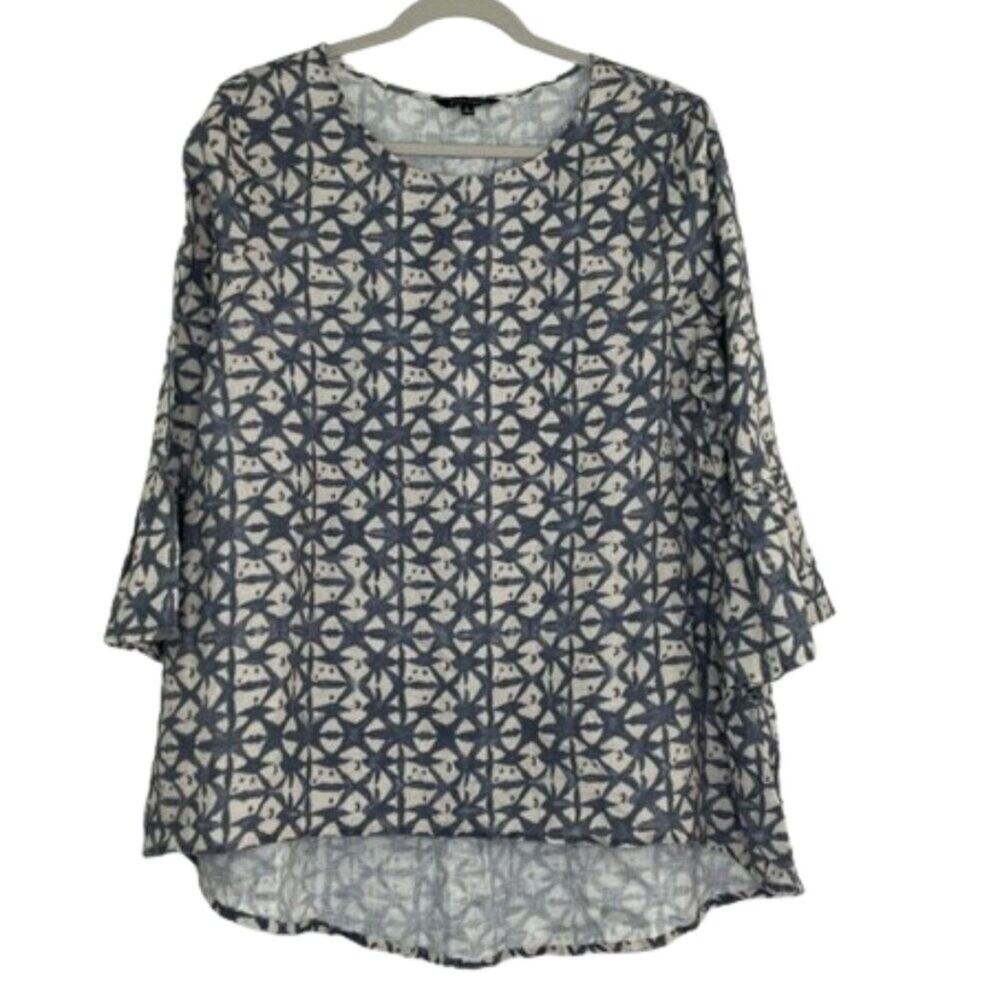 John Mark blue beige high low long sleeve blouse size Large 100% Linen